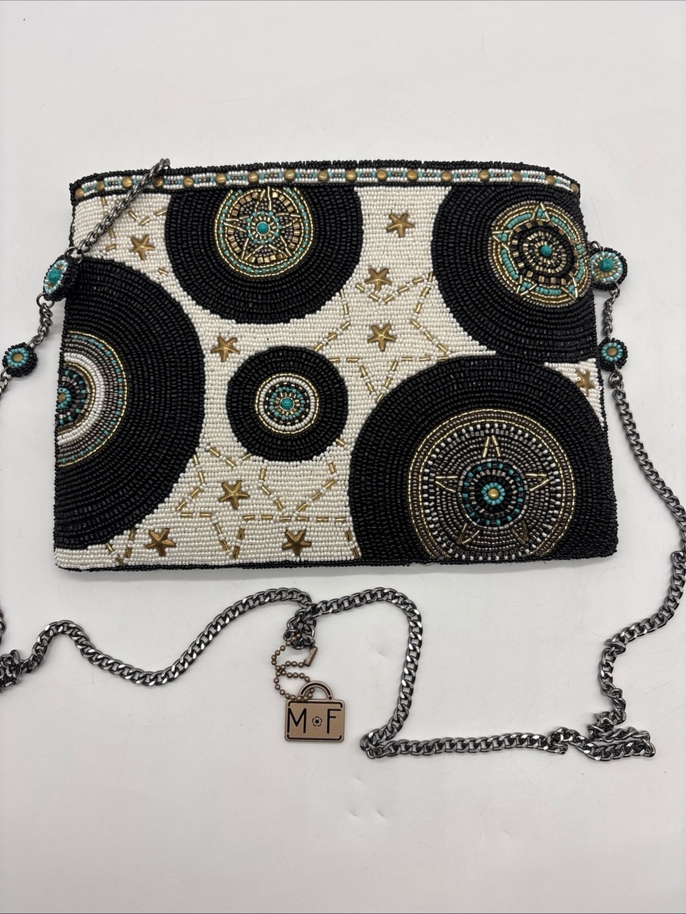 Mary Frances Turntable Beaded Black & Cream Circle Pattern Crossbody Bag